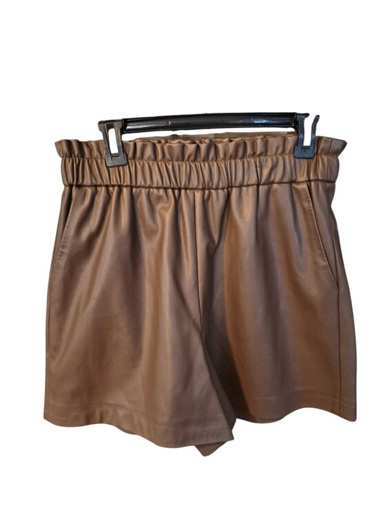 The Drop Pants - The Drop Women's Brown Faux Leather Paperbag Waist Shorts- M.       U32